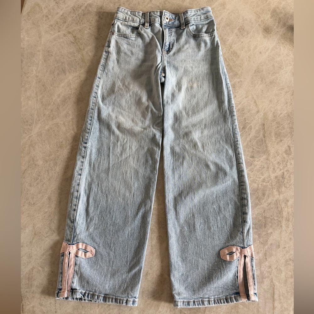 Abercrombie Kids High Rise Wide Leg Jeans with Pink Bows